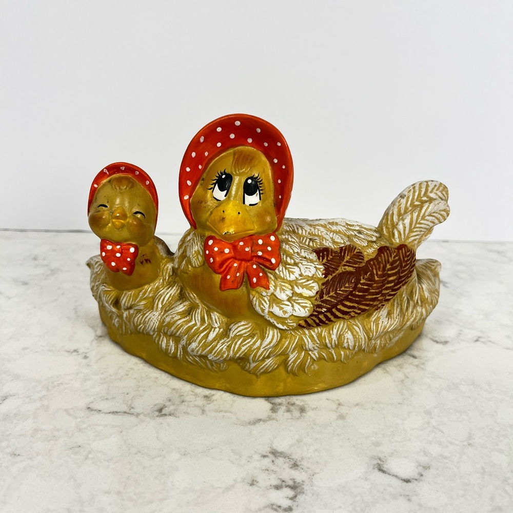 Hand-Painted Yellow Ceramic Duck Duo with Red Accents